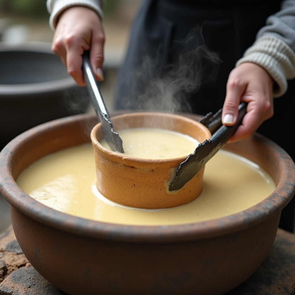Ceramista sumergiendo pieza caliente en masa fermentada obvara
