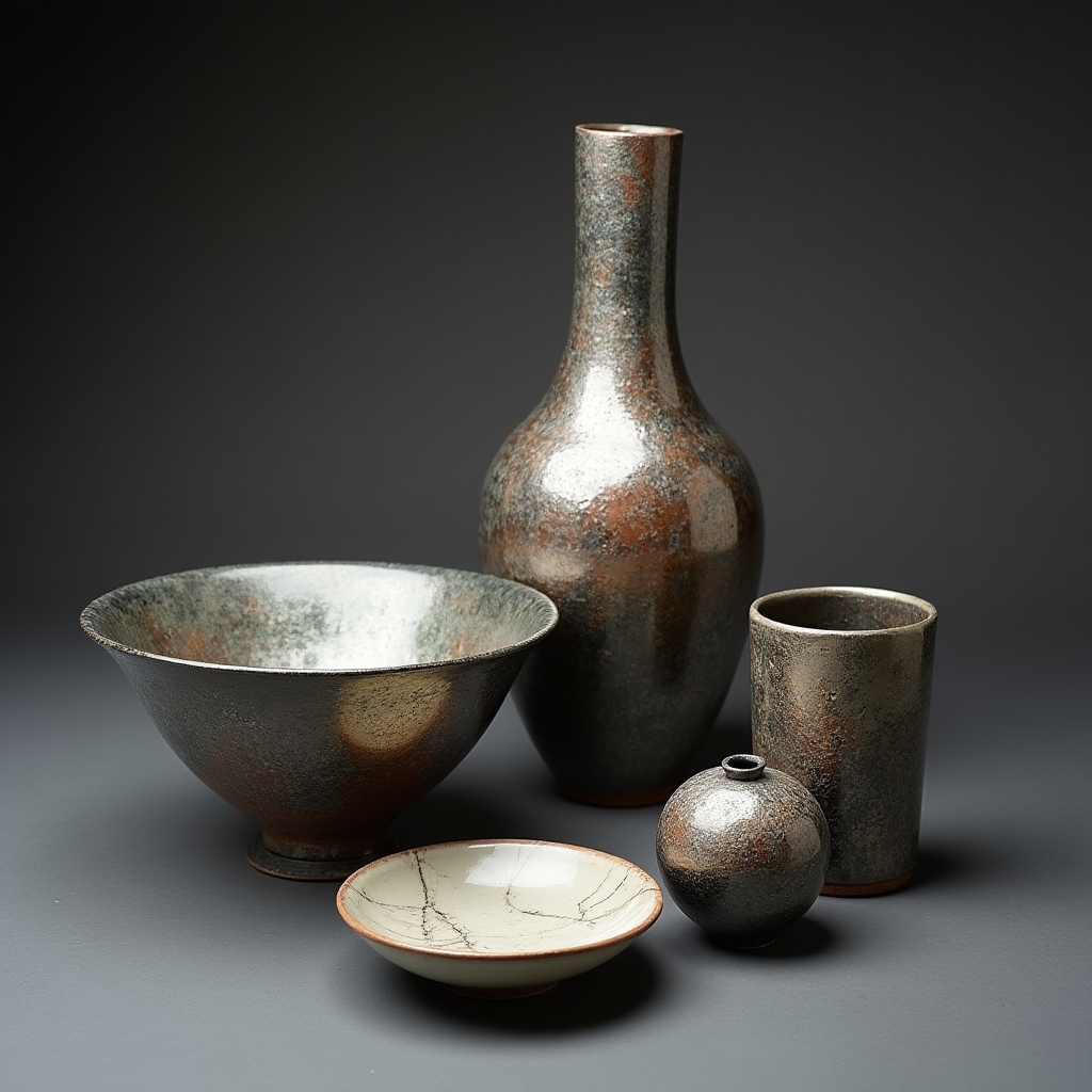 Piezas cerámicas raku terminadas mostrando superficies metálicas y craqueladas