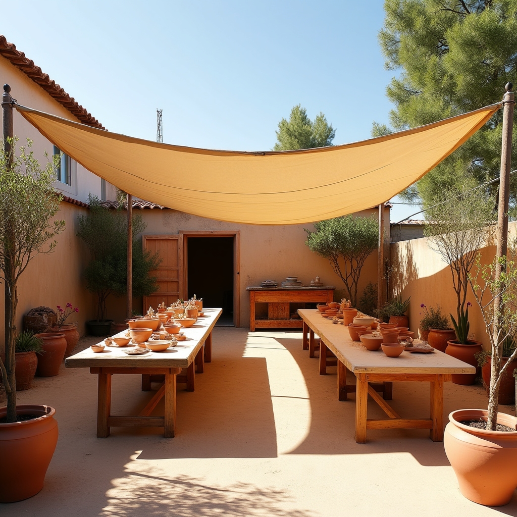 Taller de cerámica al aire libre en Alcobendas Madrid con herramientas y horno